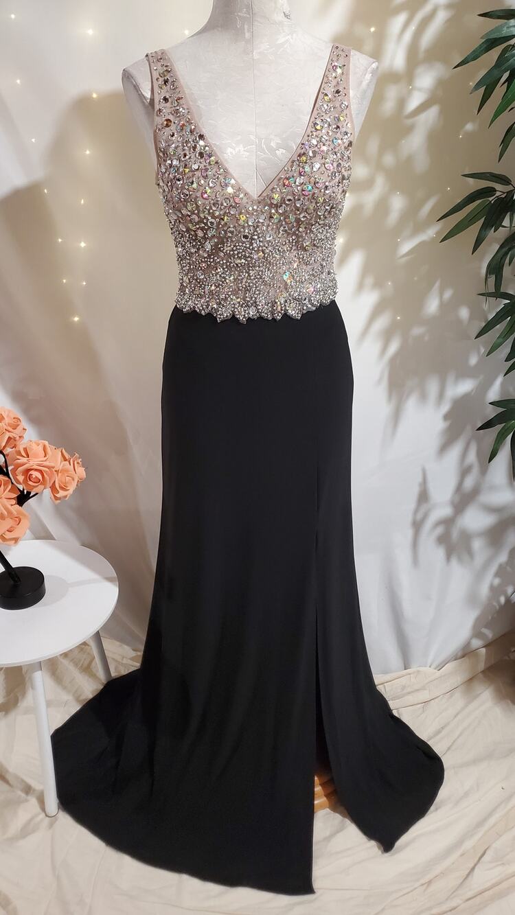 Vtg Blondie Nites Embellished Rhinestone Deep V-Neck Maxi Dress Sz 5 Formal Prom